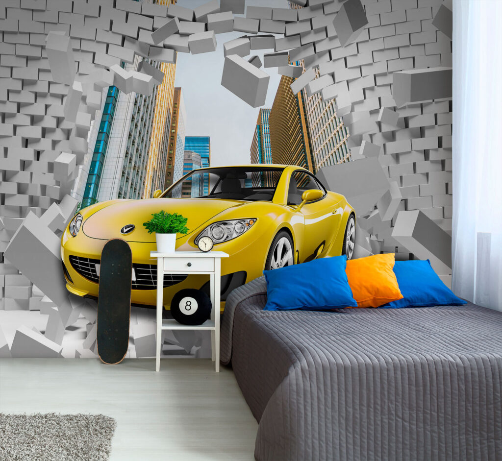 Yellow car in a wall of bricks Yellow car in a wall of bricks