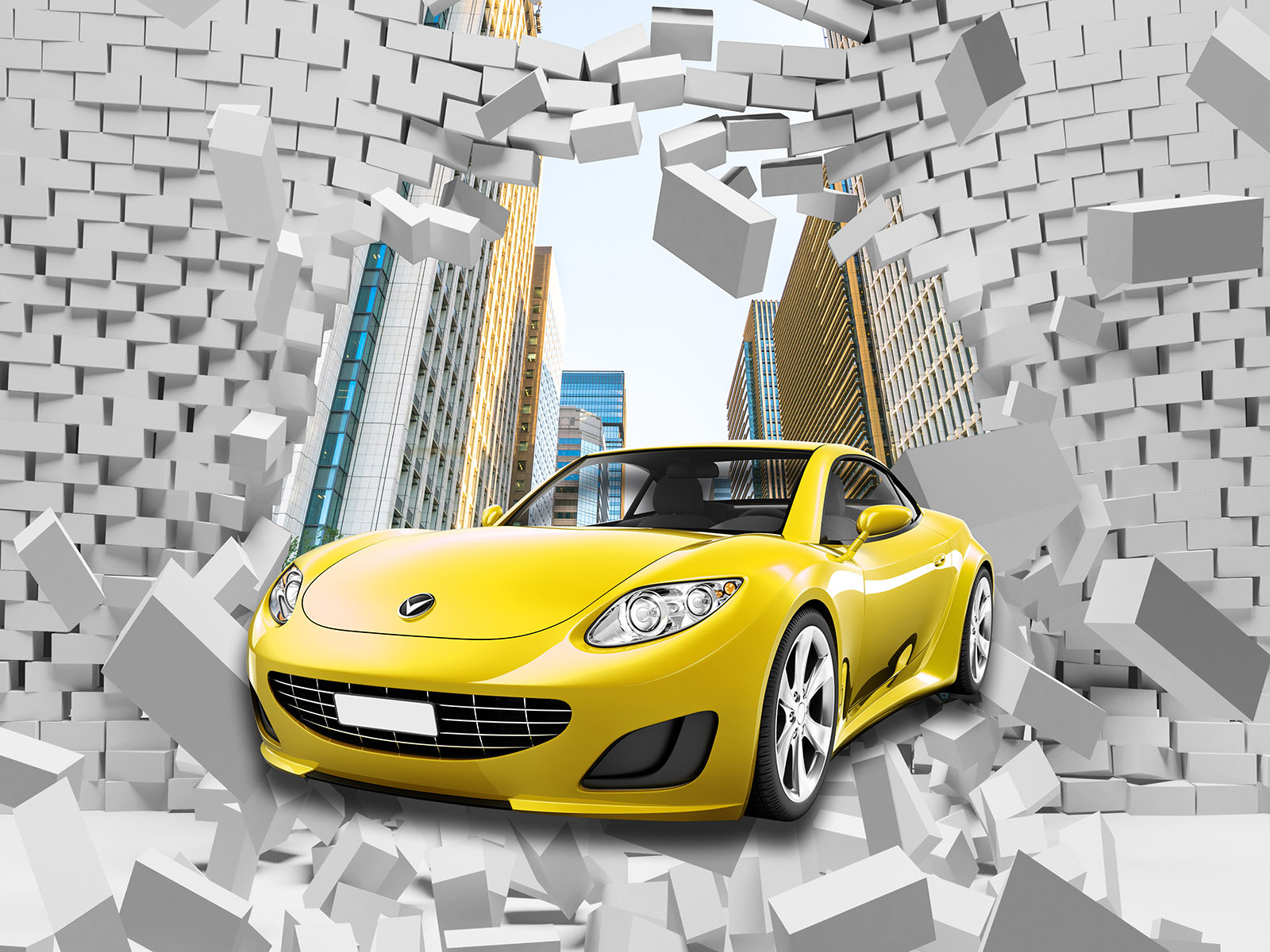 Yellow car in a wall of bricks Yellow car in a wall of bricks