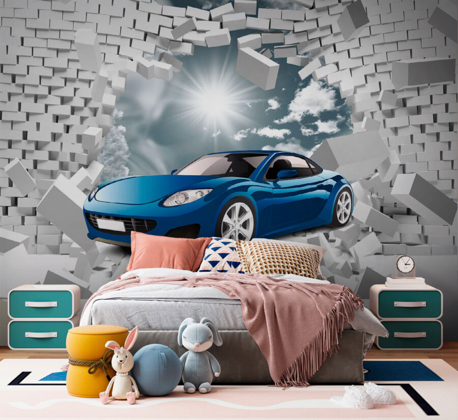 Modré auto v stene z bielych tehál