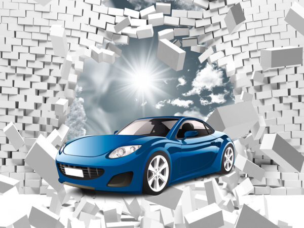 Modré auto v stene z bielych tehál Modré auto v stene z bielych tehál