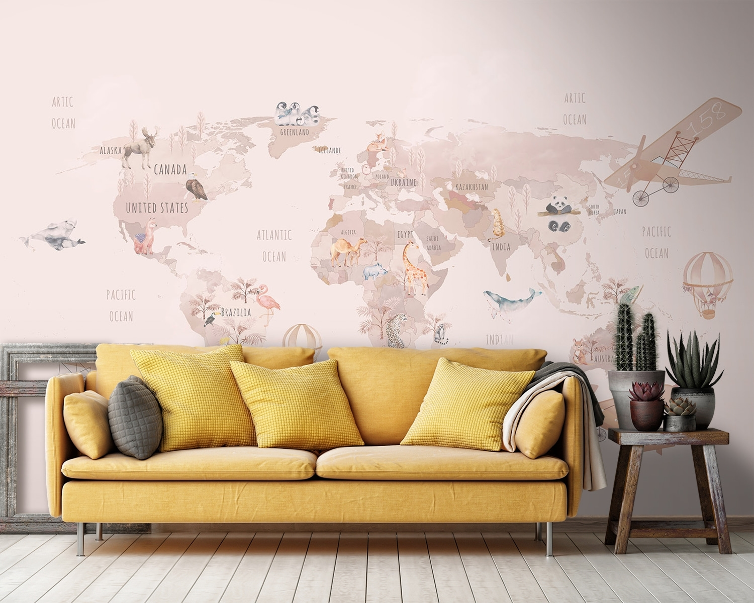 Map of the world with airplanes and polar bears Map of the world with airplanes and polar bears