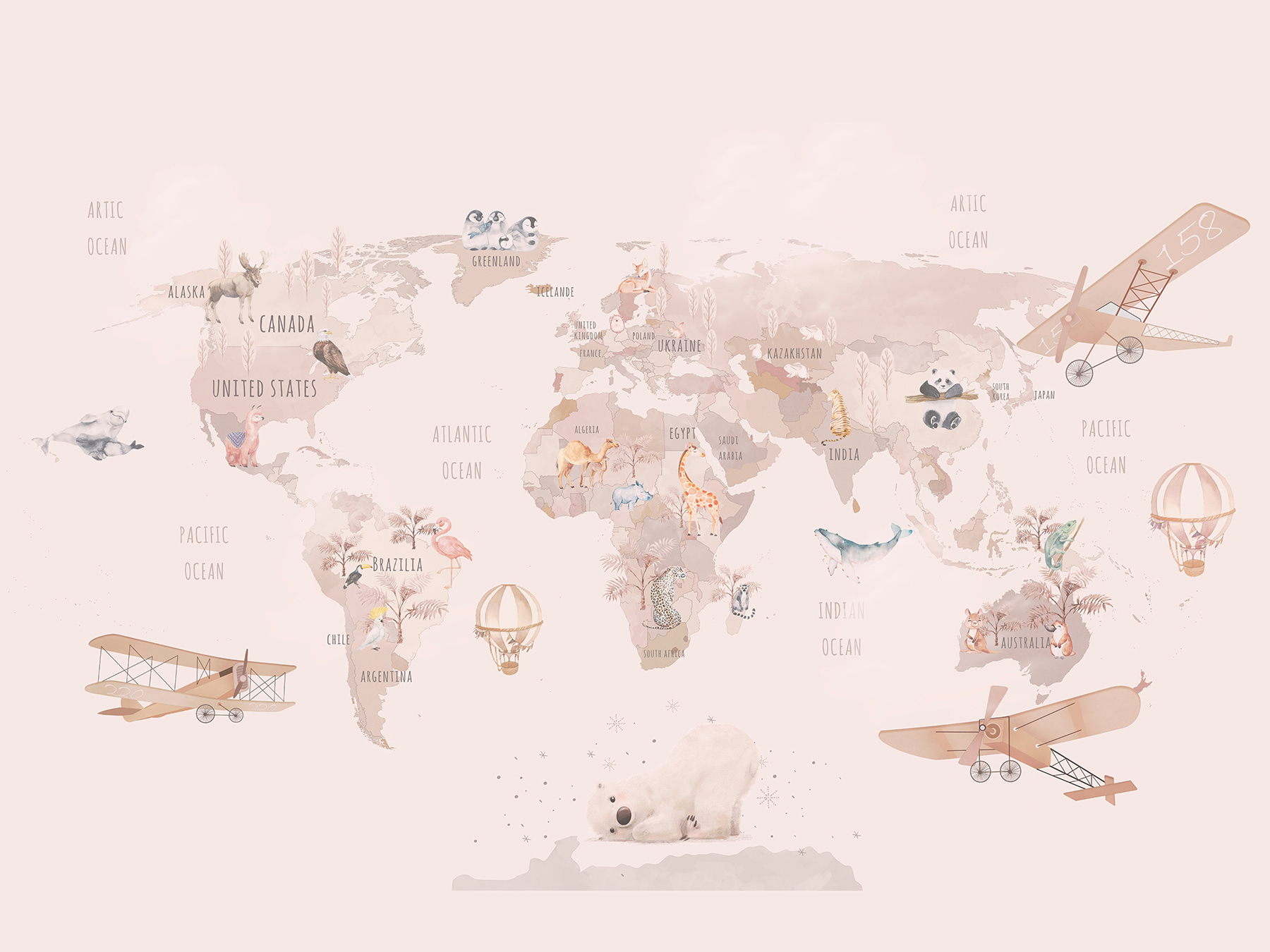 Map of the world with airplanes and polar bears Map of the world with airplanes and polar bears