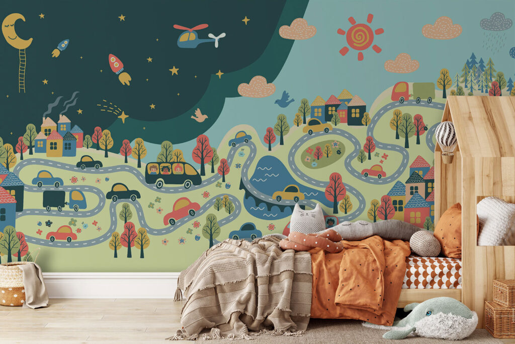 Cartoon of cars and houses