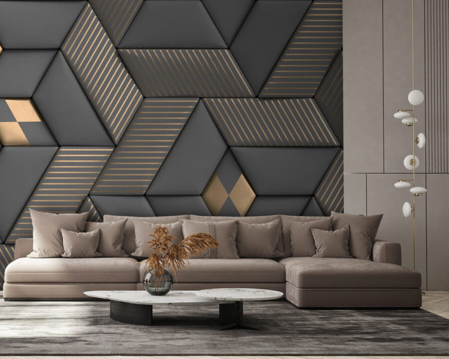 Geometrická elegancia v sivej a mosadznej farbe.
