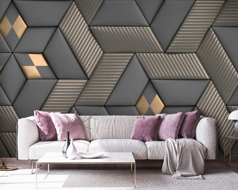 Geometrická elegancia v sivej a mosadznej farbe.