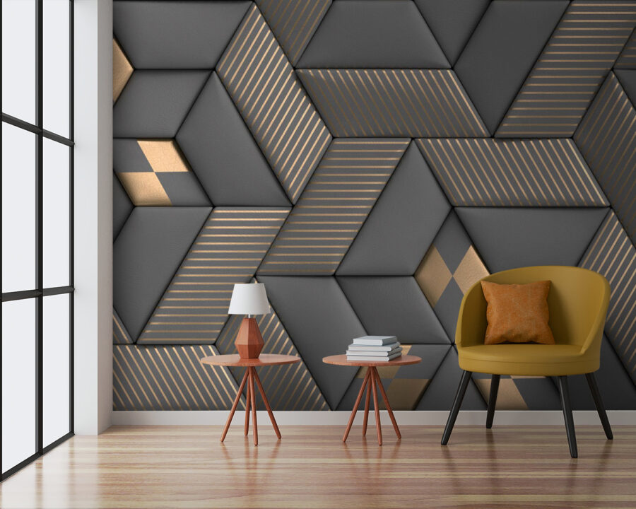 Geometrická elegancia v sivej a mosadznej farbe.