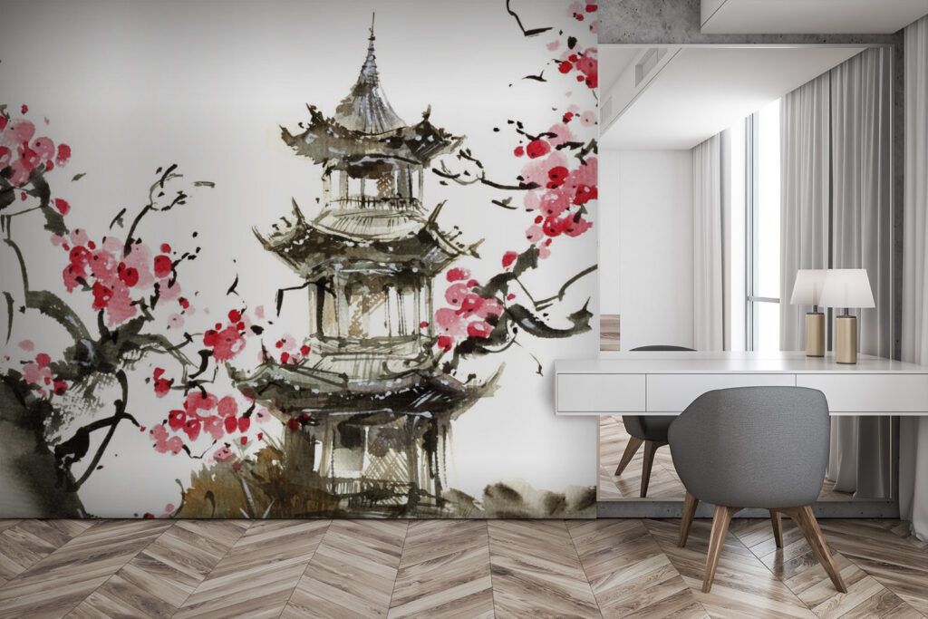 Painting of a pagoda and cherry blossoms Painting of a pagoda and cherry blossoms