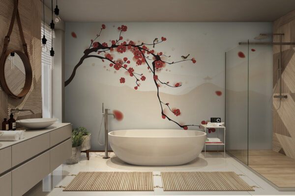 Branch with red flowers and birds flying in the sky