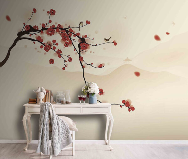 Fototapety Vetva s červenými kvetmi a vtákmi lietajúcimi na oblohe (Katalógové číslo: u72984) Fototapety Fototapety Vetva s červenými kvetmi a vtákmi lietajúcimi na oblohe (Katalógové číslo: u72984)