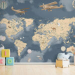Fototapety Mapa sveta s lietadlami a balónmi