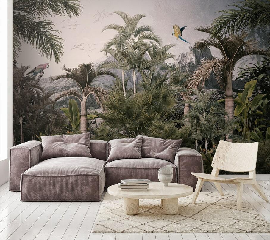 Tropical forest with palm trees and a bird flying Tropical forest with palm trees and a bird flying