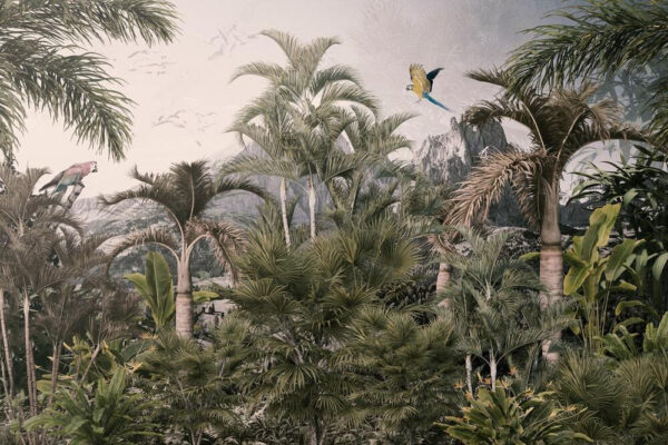 Tropický les s palmami a lietajúcim vtákom Tropický les s palmami a lietajúcim vtákom