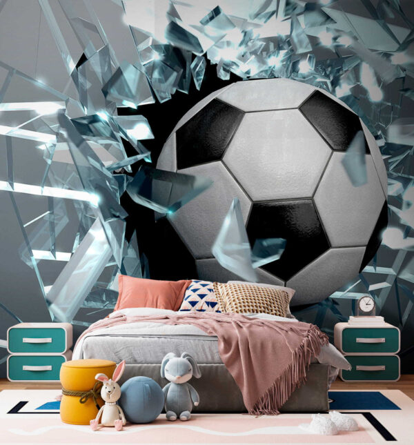 Football ball breaking through glass Football ball breaking through glass