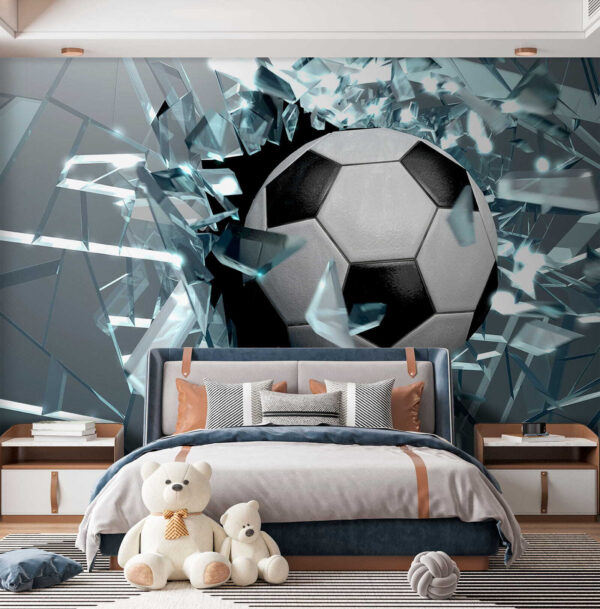 Football ball breaking through glass Football ball breaking through glass