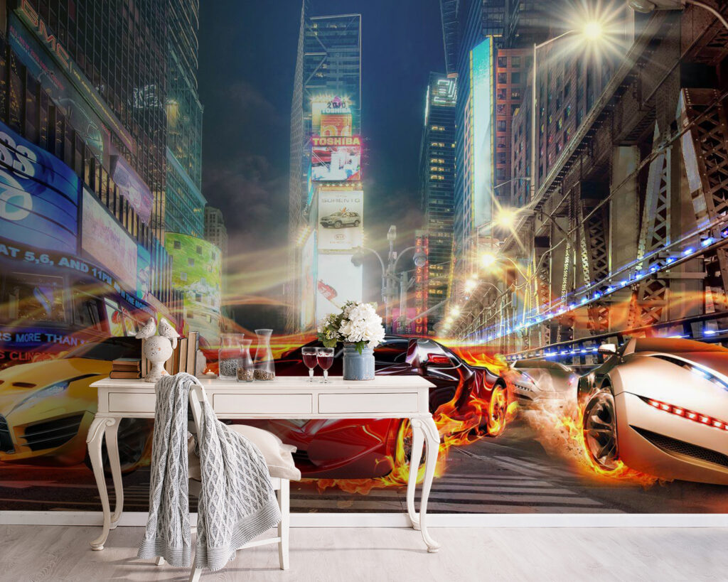 Car on fire in a city