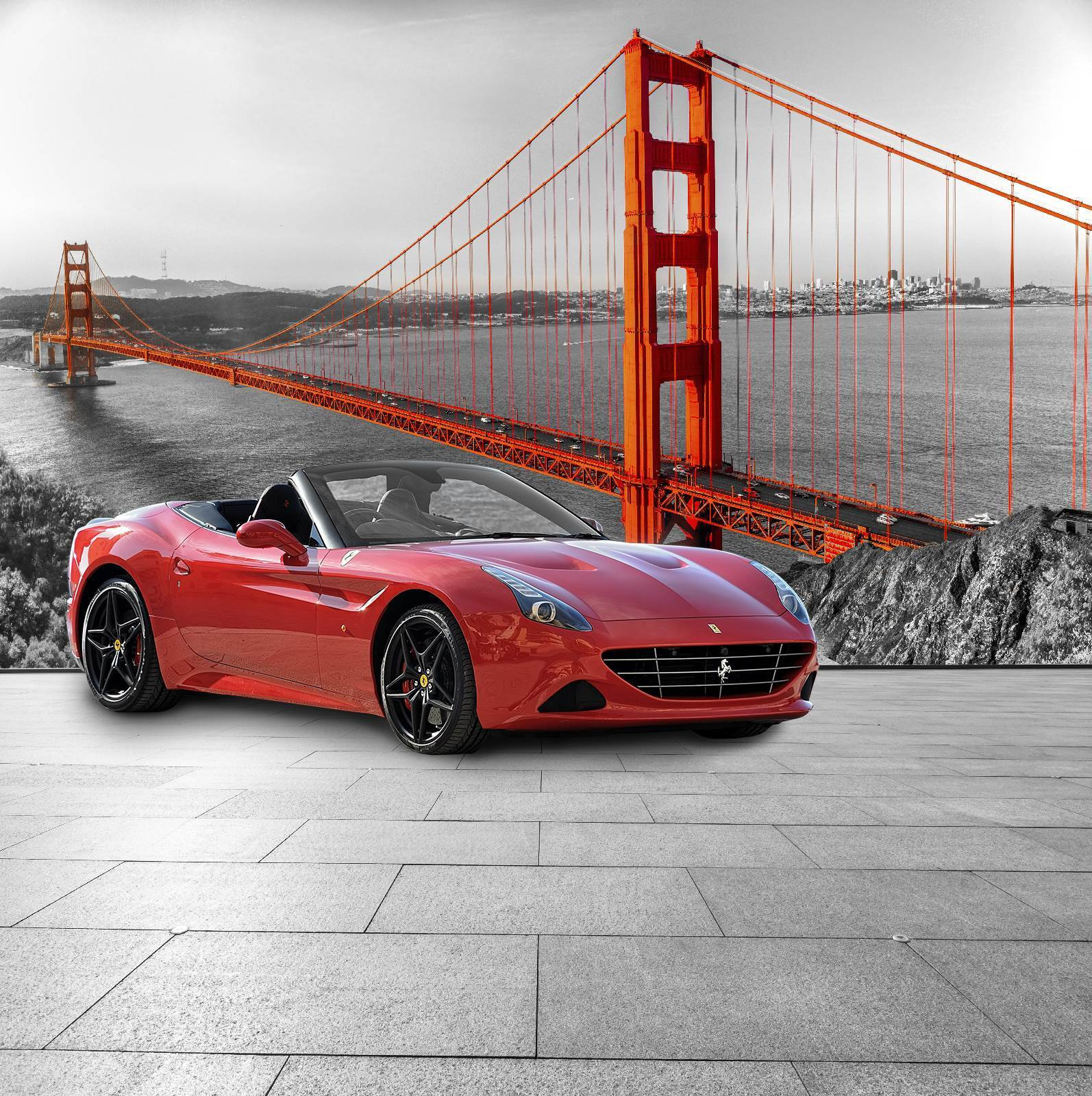 Červené športové auto na ceste s mostom v pozadí u64433p - Červené športové auto na ceste s mostom v pozadí - tegory