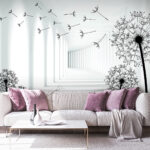 Fototapety Dievča na bicykli v miestnosti s púpavami