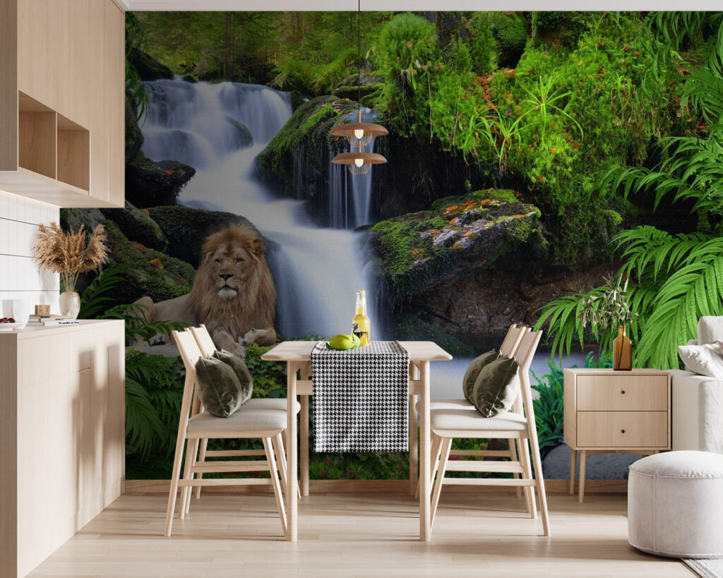 Lion lying on a rock next to a waterfall Lion lying on a rock next to a waterfall