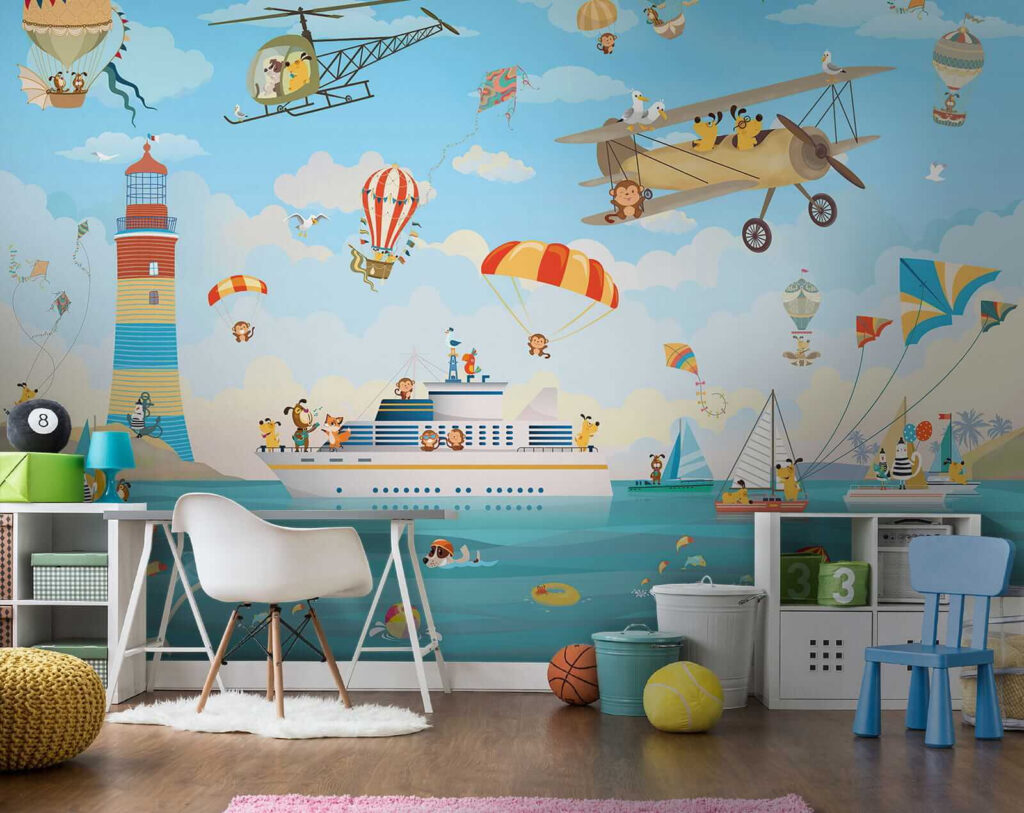 Cartoon animals flying over a boat Cartoon animals flying over a boat