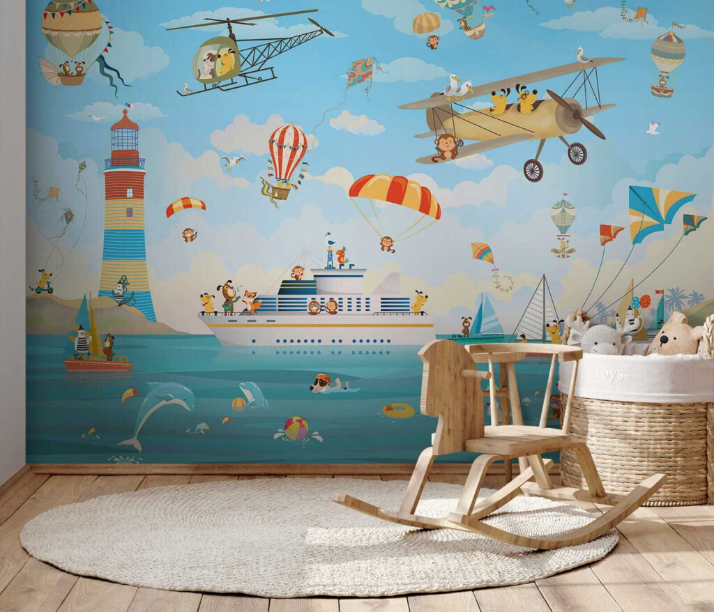 Cartoon animals flying over a boat Cartoon animals flying over a boat