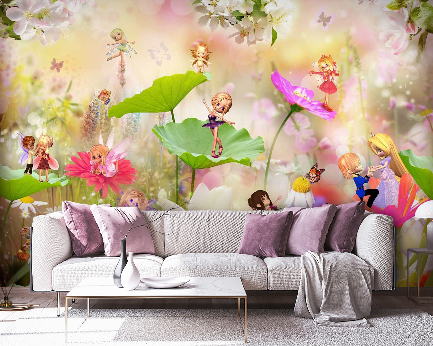 Group of cartoon fairies on flowers