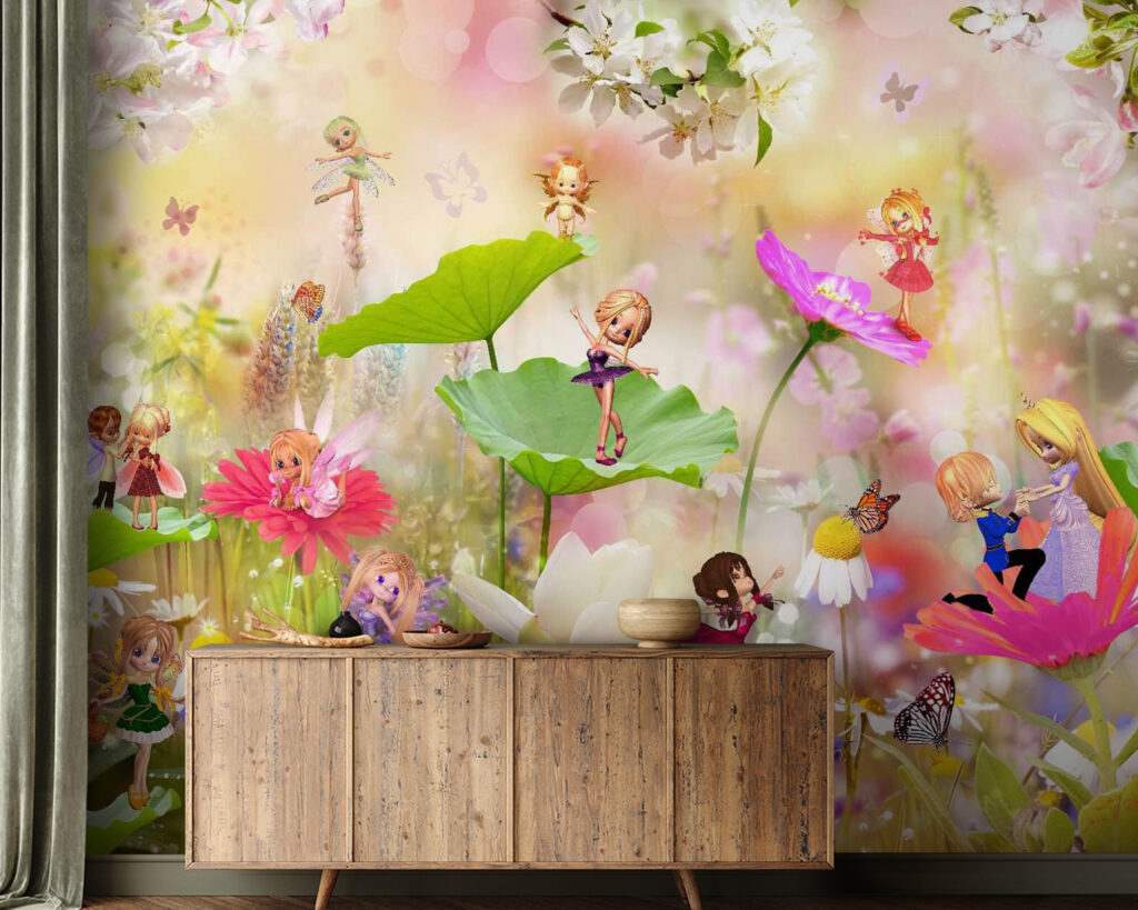Group of cartoon fairies on flowers