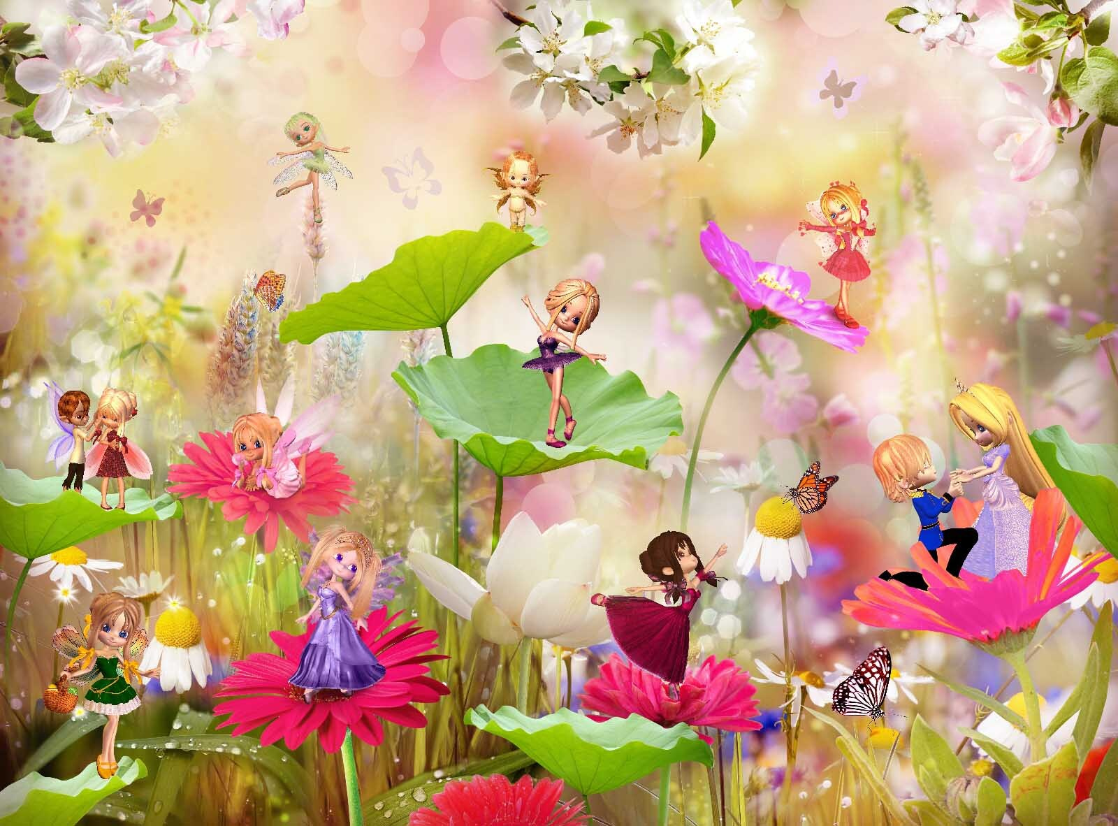 Group of cartoon fairies on flowers