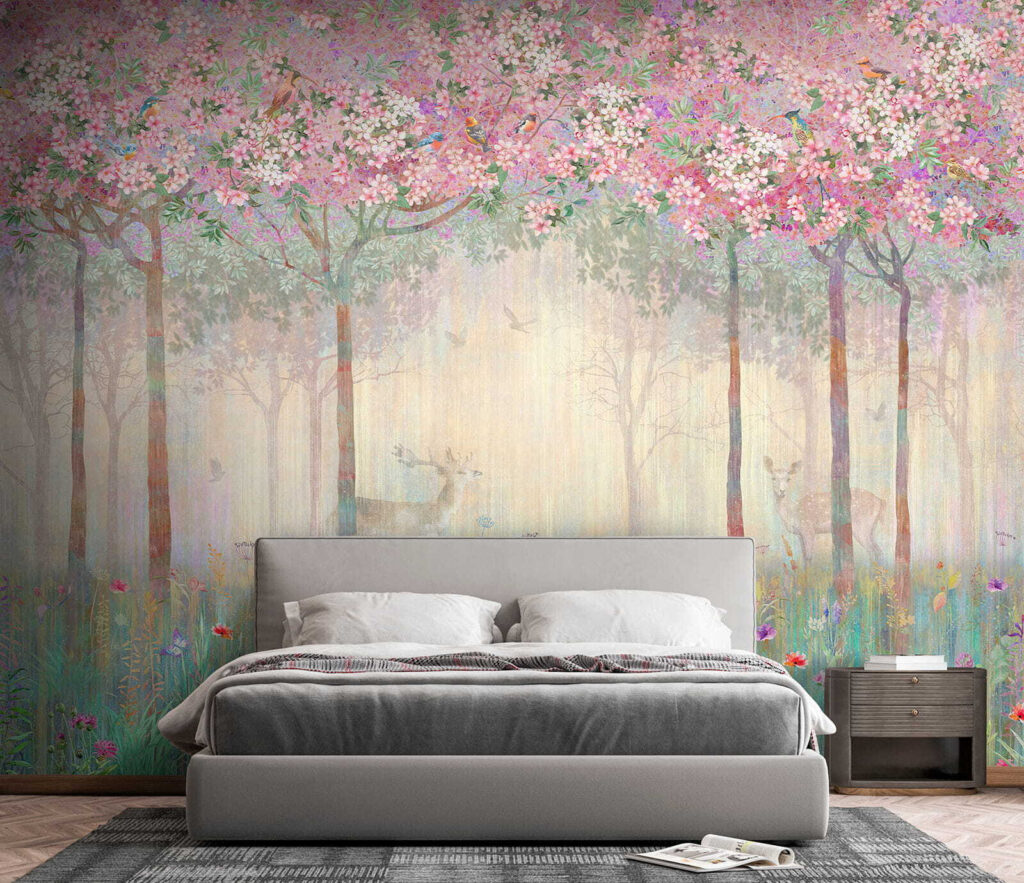 Painting of a forest with trees and flowers Painting of a forest with trees and flowers