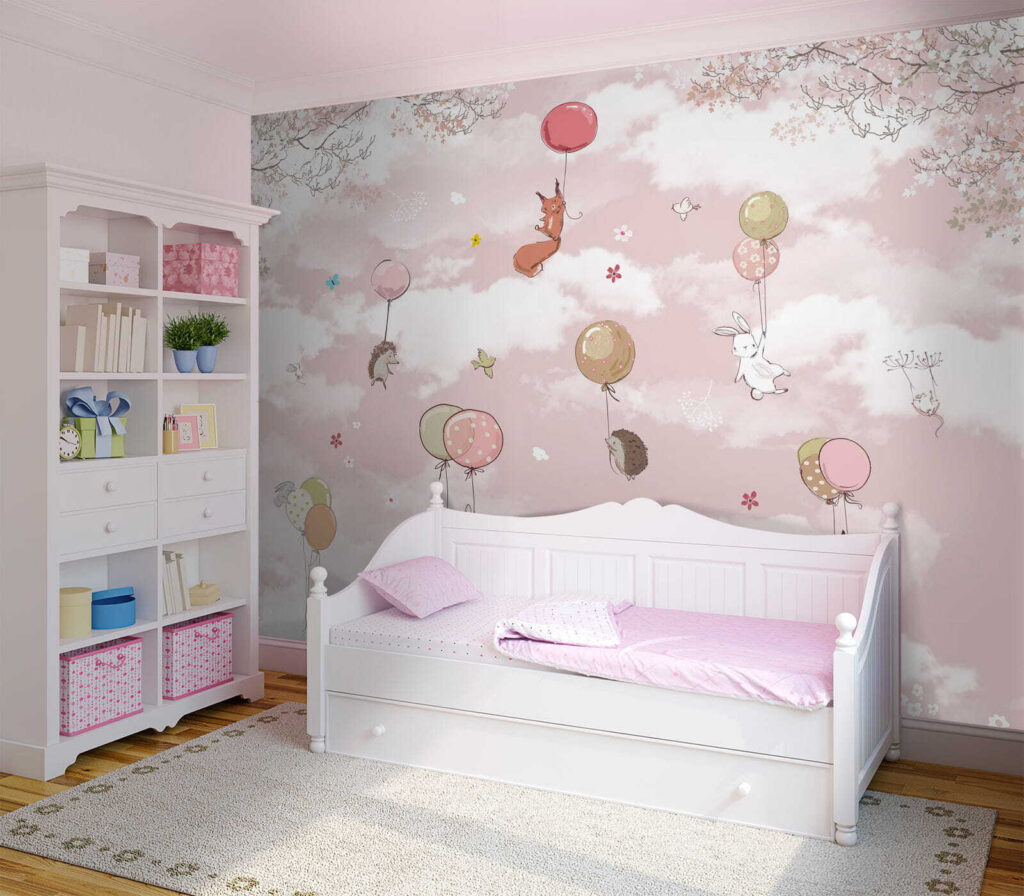 Group of animals flying with balloons in the sky