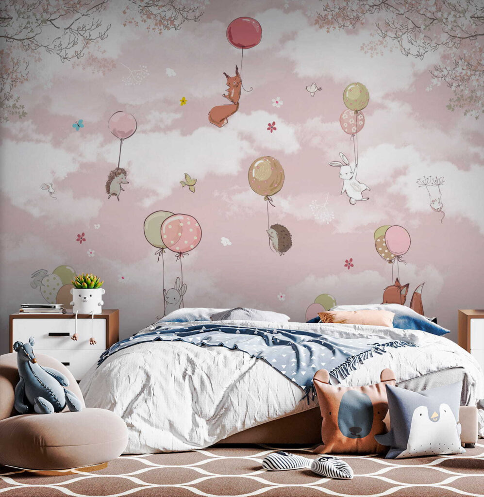 Group of animals flying with balloons in the sky