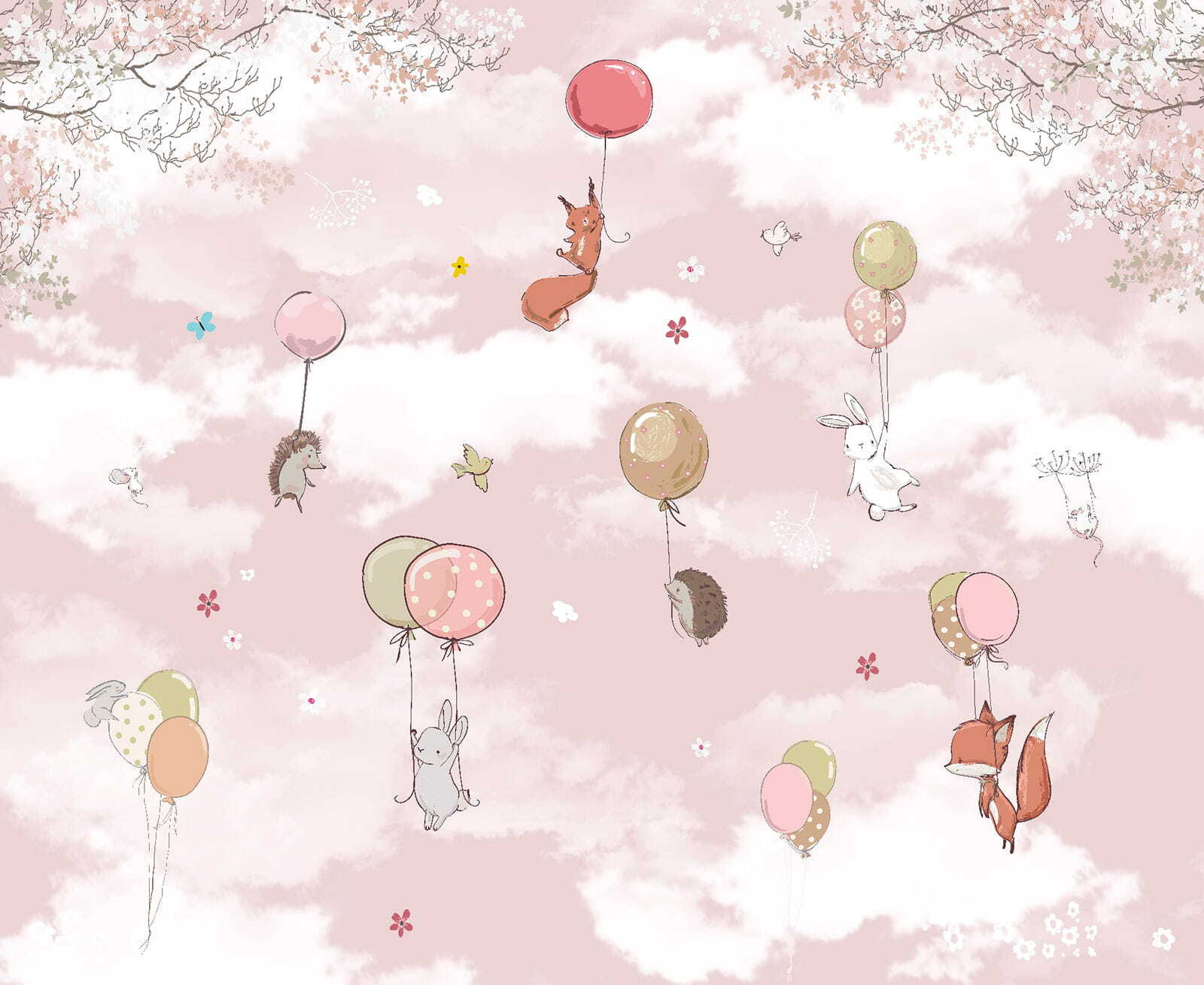 Group of animals flying with balloons in the sky