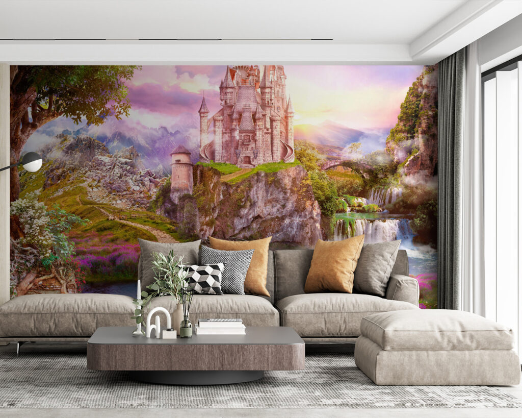 Castle on a cliff with a waterfall and a bridge