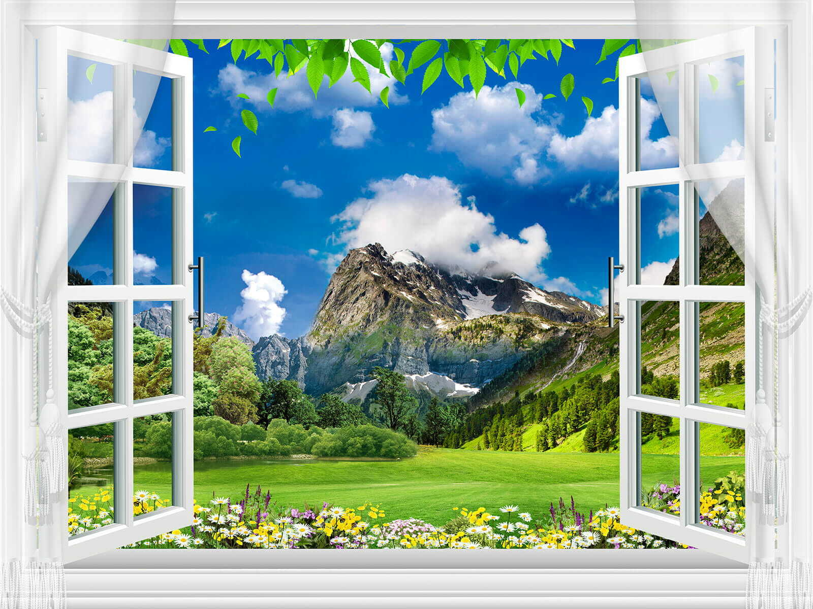 Window with a view of a mountain range and trees Window with a view of a mountain range and trees