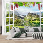 Fototapety Okno s výhľadom na jazero a hory