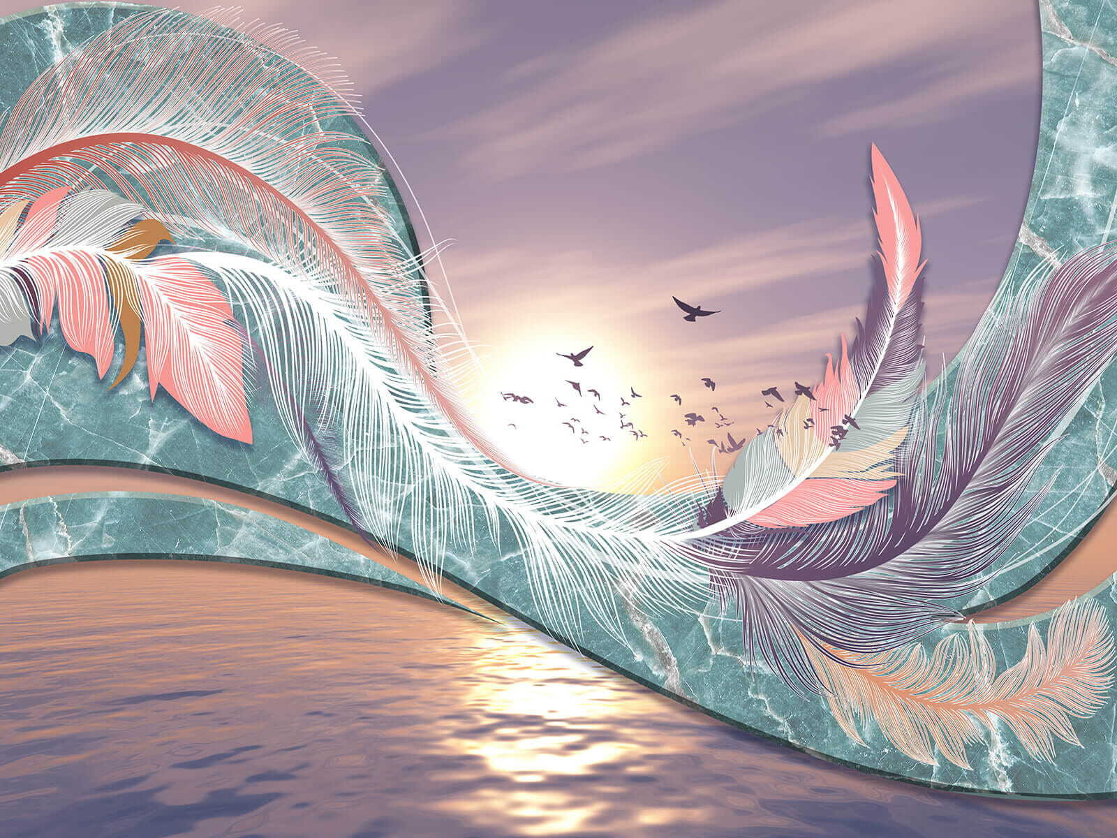 Colorful feathers and birds flying over water Colorful feathers and birds flying over water