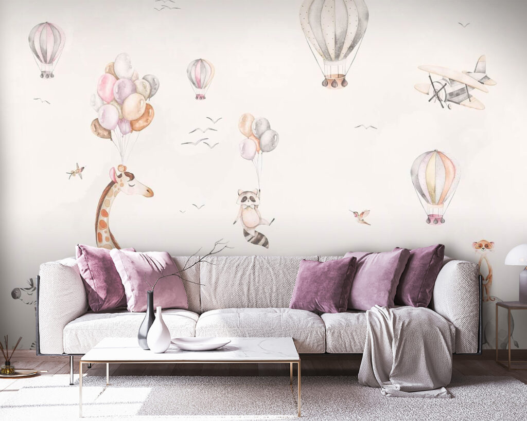 Wall mural of animals and hot air balloons