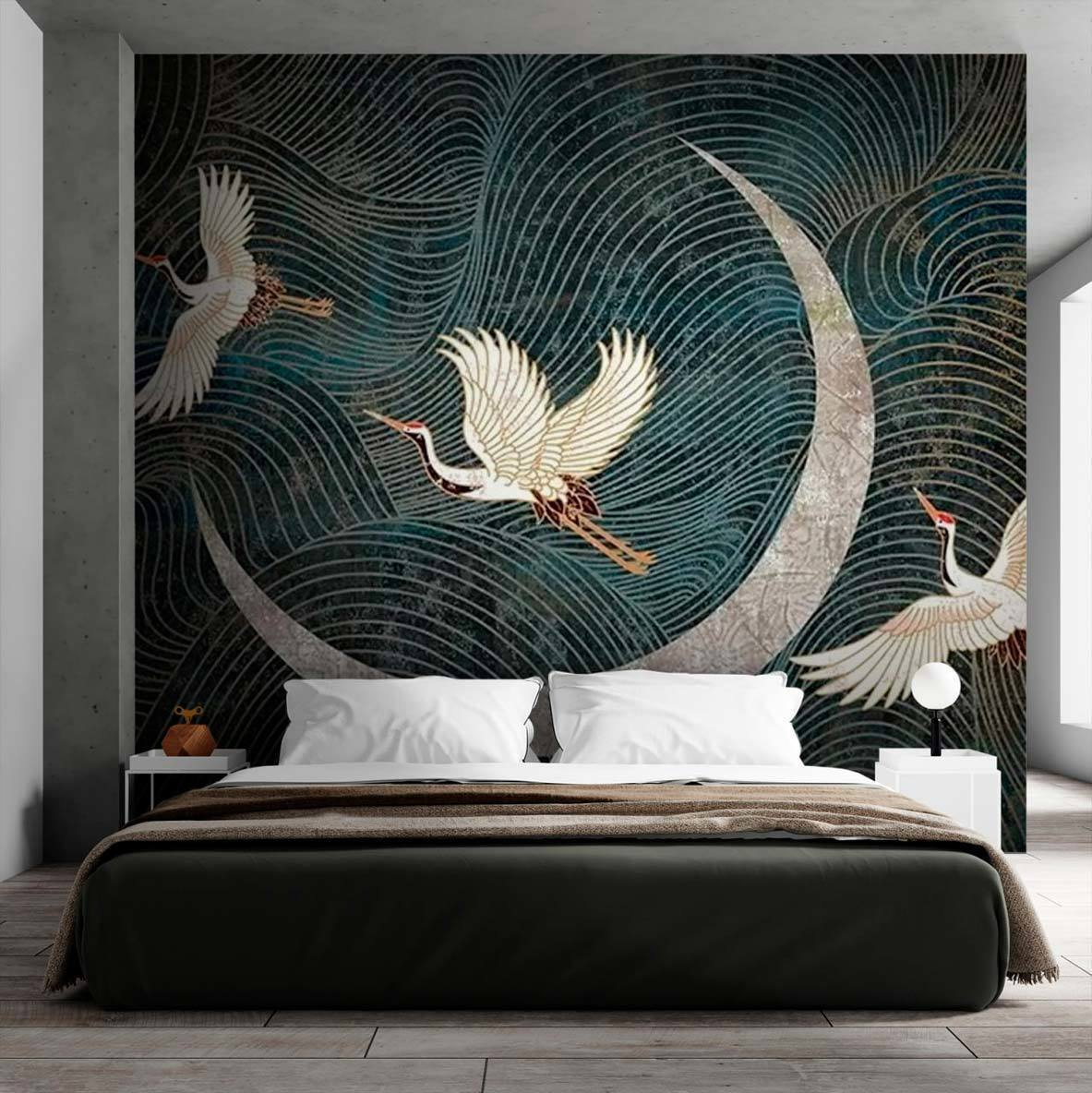 Painting of birds flying over a crescent moon Painting of birds flying over a crescent moon