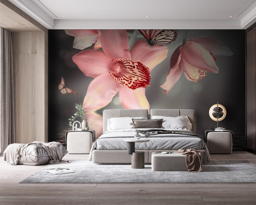 Ružové orchidey a motýle na vetve Ružové orchidey a motýle na vetve