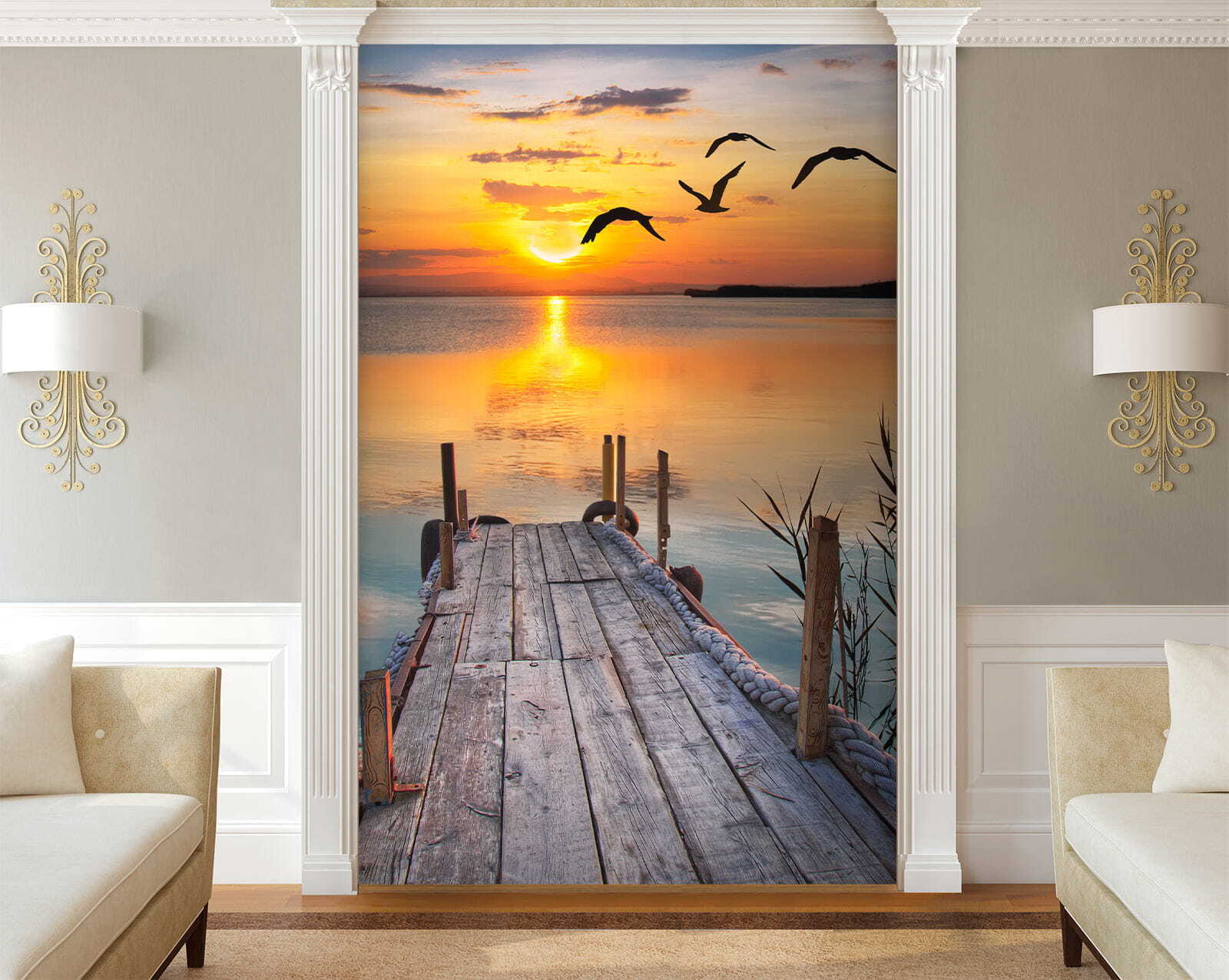 Dock with birds flying over water Dock with birds flying over water