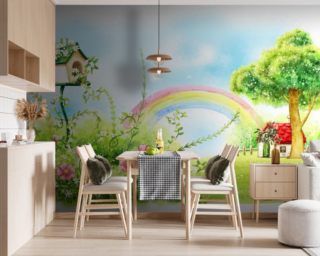 Rainbow and flowers in a green field Rainbow and flowers in a green field