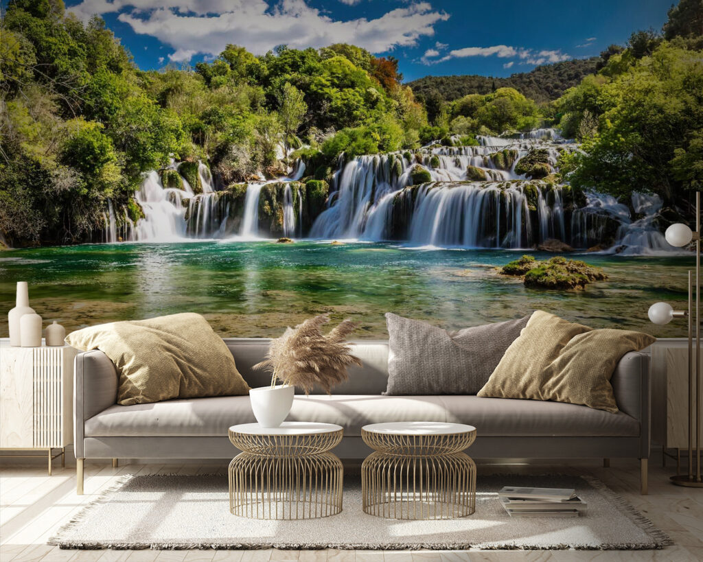 Krka National Park surrounded by trees and a blue sky