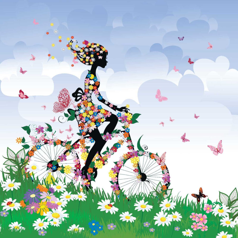 Žena na bicykli s kvetmi