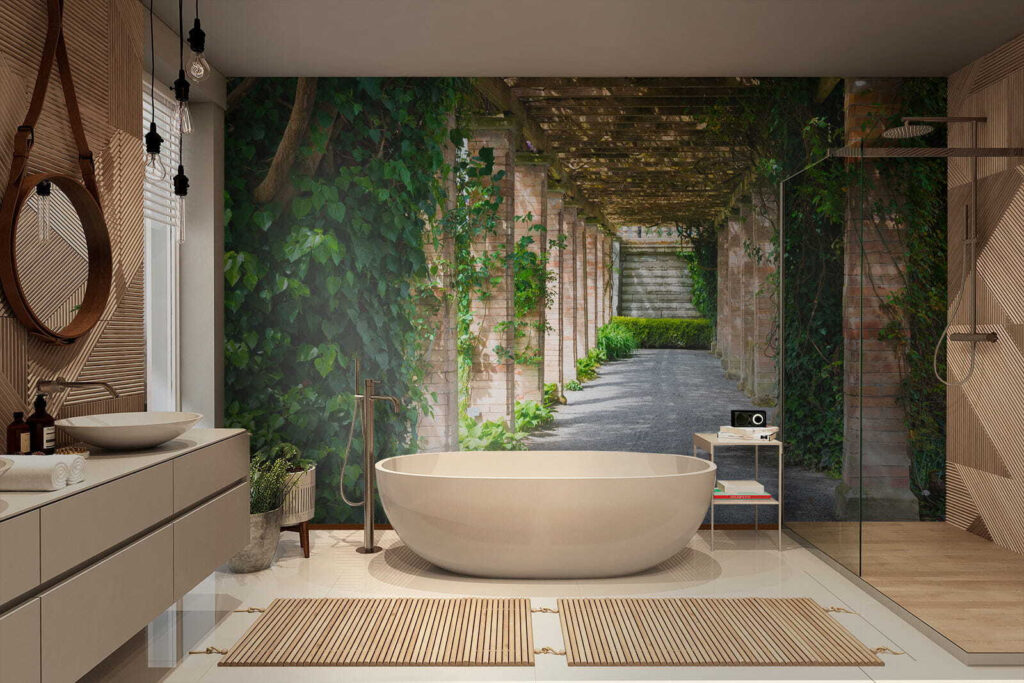 Walkway with stone pillars and vines Walkway with stone pillars and vines