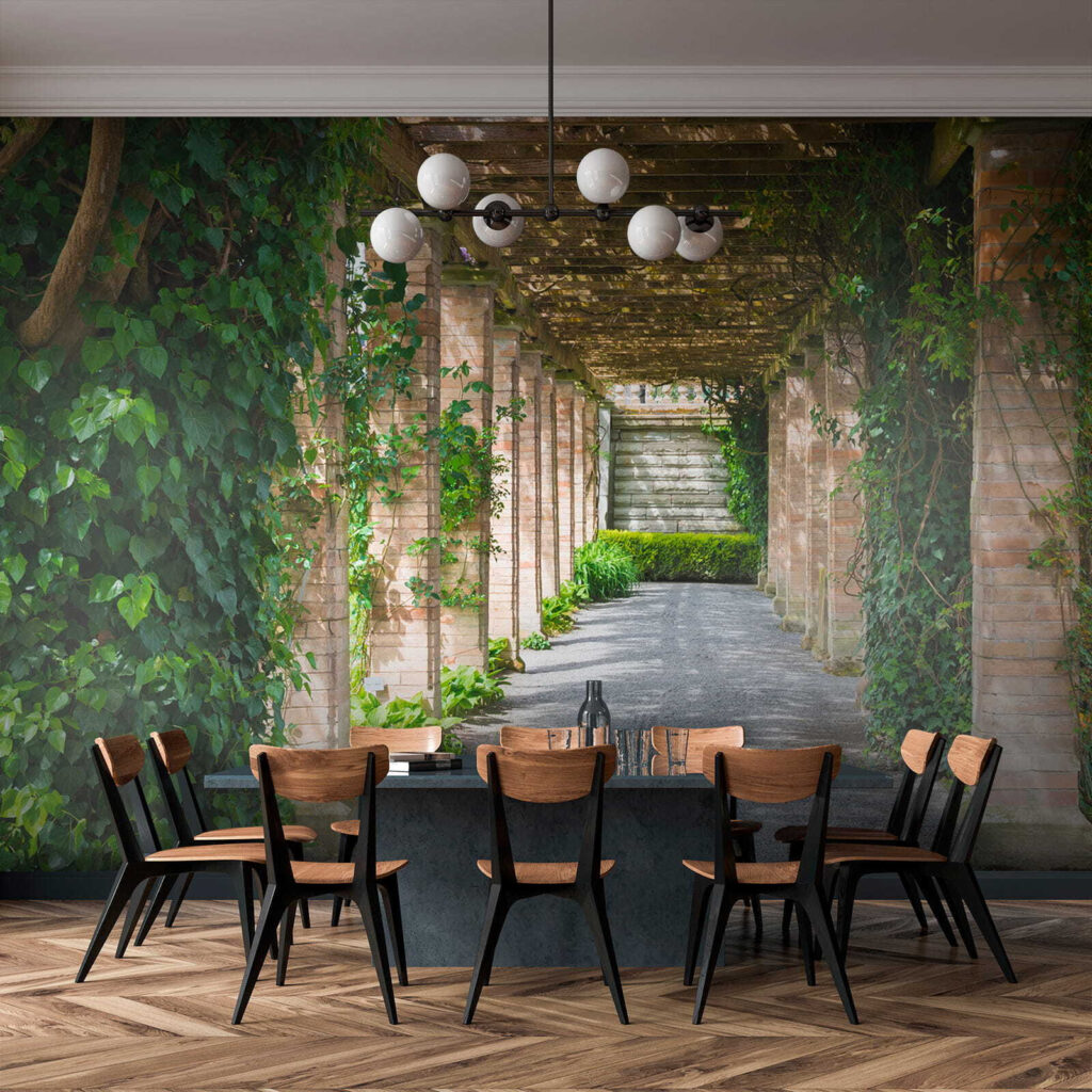 Walkway with stone pillars and vines Walkway with stone pillars and vines