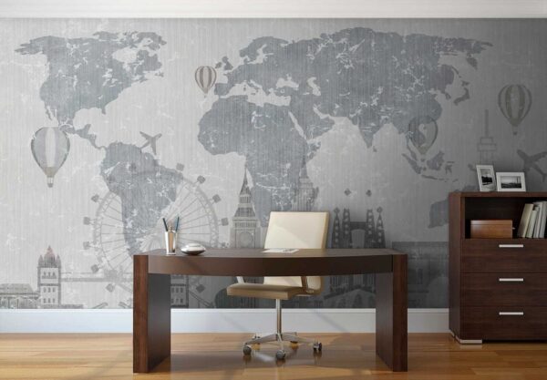 Map of the world with buildings and a ferris wheel Map of the world with buildings and a ferris wheel