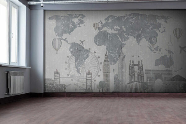 Map of the world with buildings and a ferris wheel Map of the world with buildings and a ferris wheel