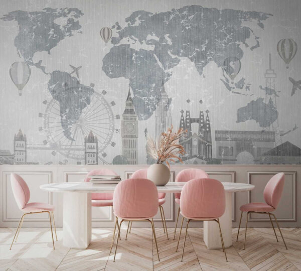 Map of the world with buildings and a ferris wheel Map of the world with buildings and a ferris wheel