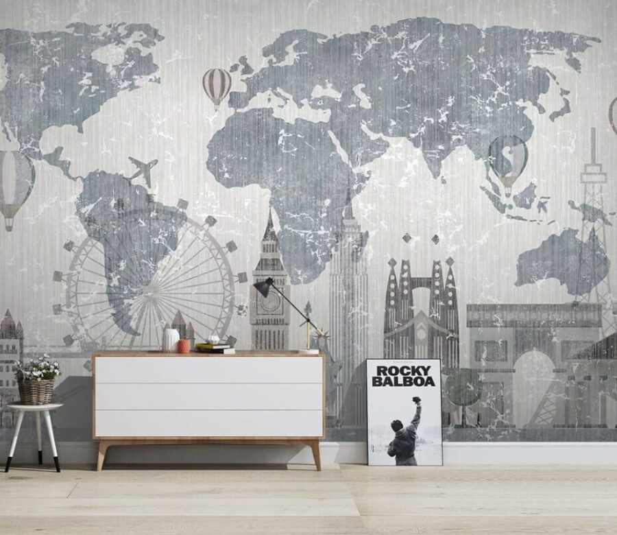 Fototapety Mapa sveta s budovami a ruským kolesom