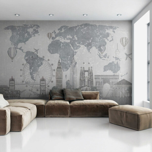 Map of the world with buildings and a ferris wheel Map of the world with buildings and a ferris wheel