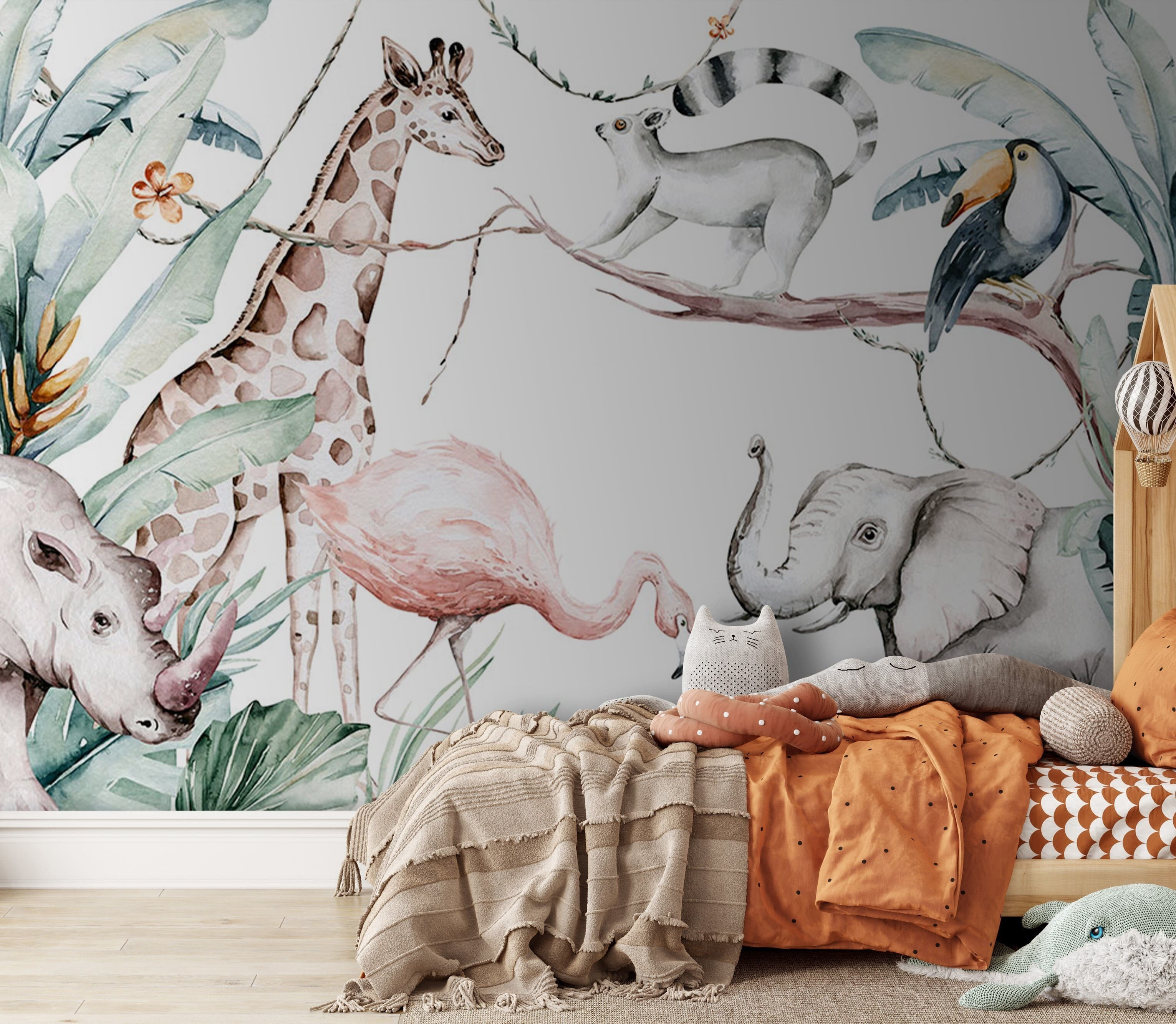 Watercolor illustration of animals and plants